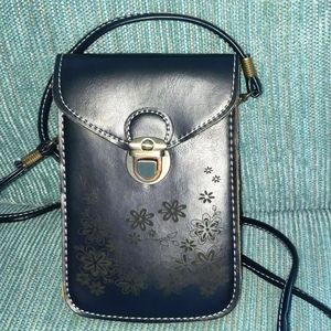 Black leather floral crossbody bag